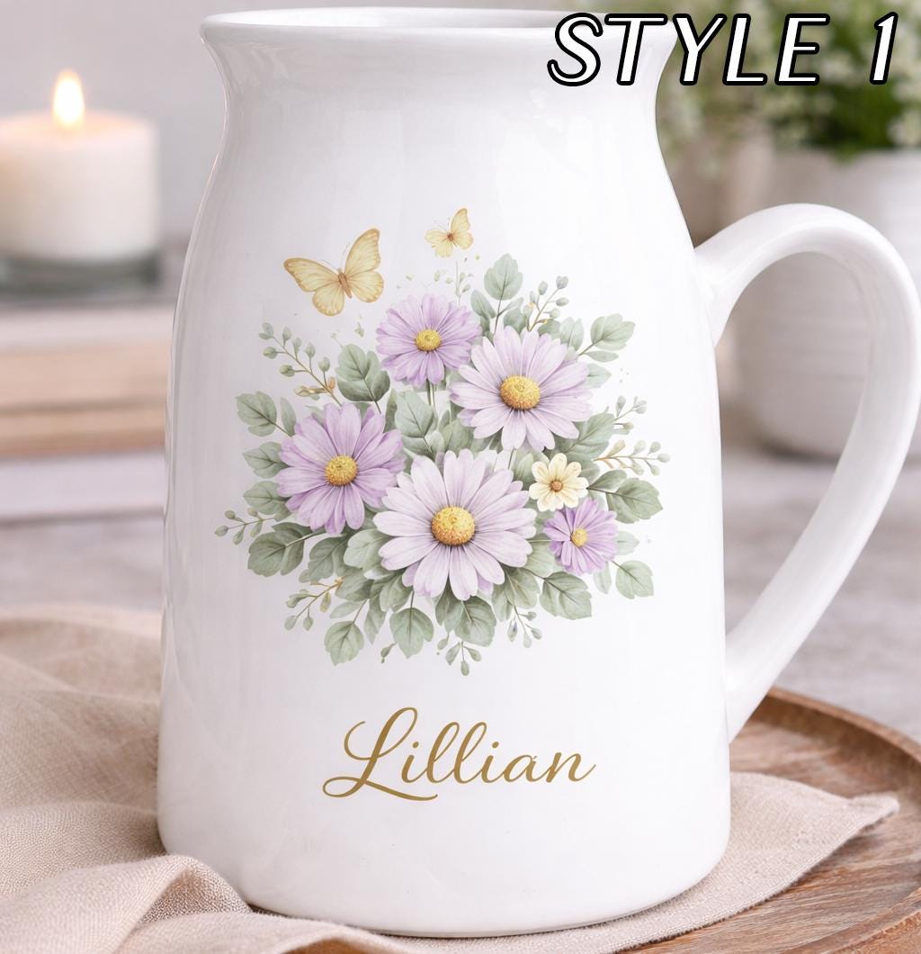 Personalized Name Ceramic Vase – Custom Floral Pitcher Vase Keepsake Gift