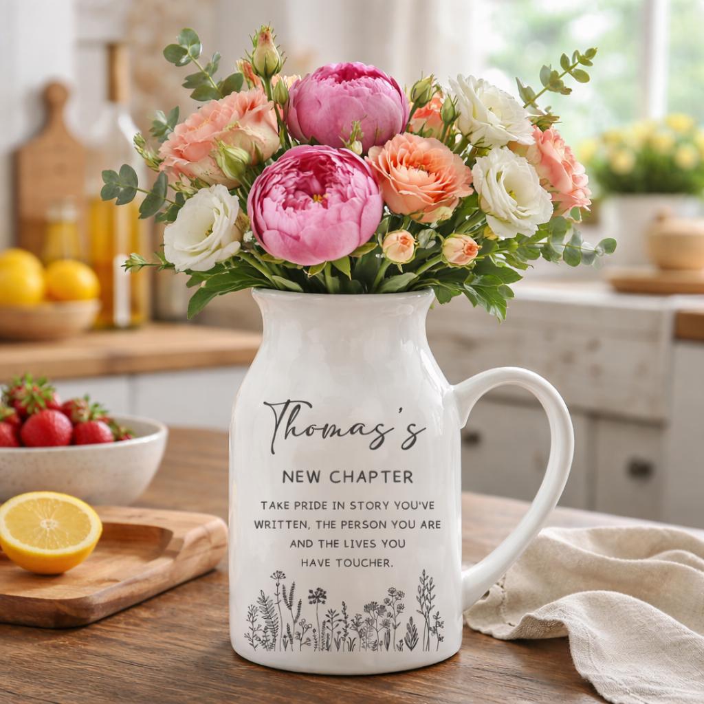 Personalized Ceramic Vase, Custom Name New Chapter Gift, Minimalist Floral Home Decor