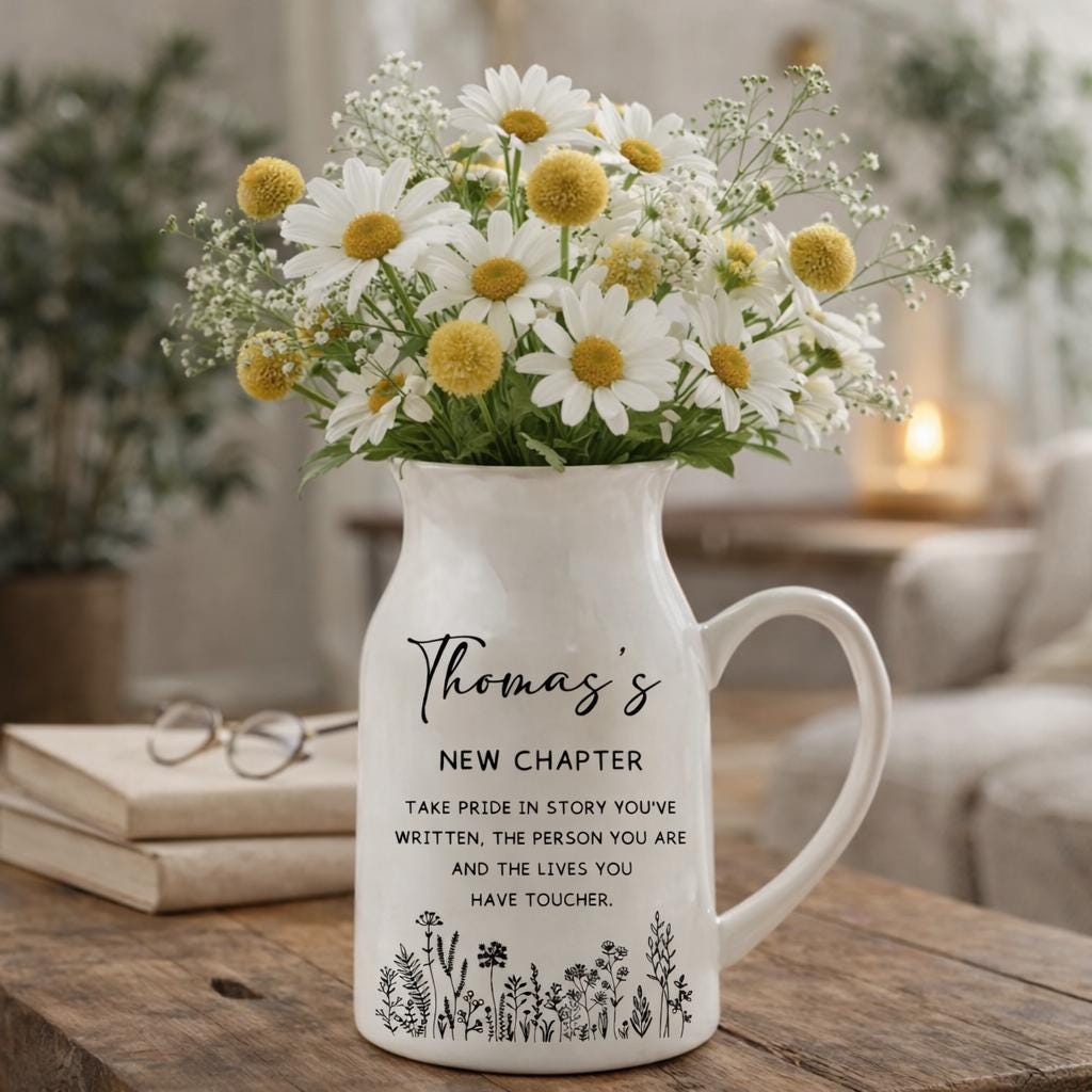 Personalized Ceramic Vase, Custom Name New Chapter Gift, Minimalist Floral Home Decor