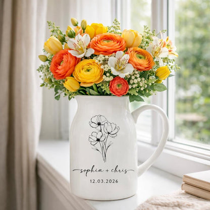 Personalized Ceramic Pitcher Vase, Custom Floral Line Art, Wedding Anniversary Gift