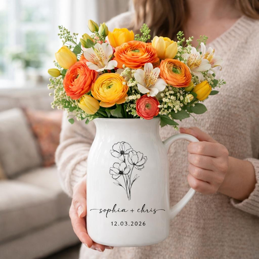 Personalized Ceramic Pitcher Vase, Custom Floral Line Art, Wedding Anniversary Gift