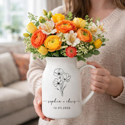 Personalized Ceramic Pitcher Vase, Custom Floral Line Art, Wedding Anniversary Gift