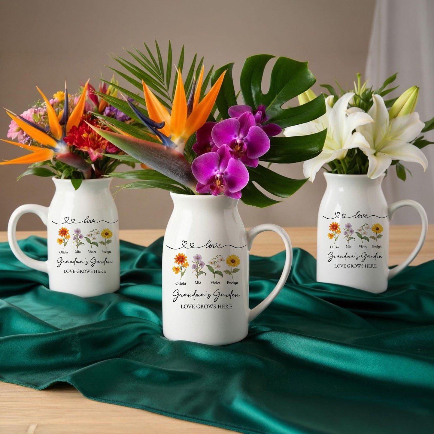 Personalized Grandma's Garden Flower Ceramic Vase, Minimalist Floral Pitcher Vase, Heartfelt Mother's Day