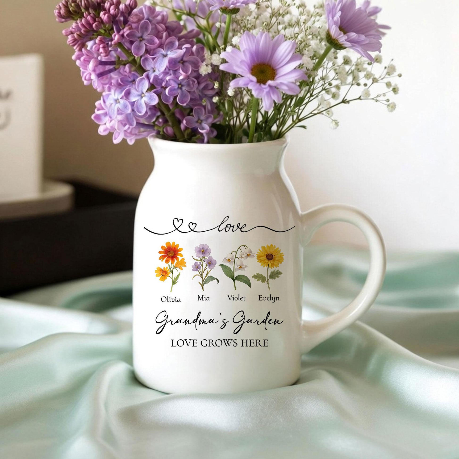 Personalized Grandma's Garden Flower Ceramic Vase, Minimalist Floral Pitcher Vase, Heartfelt Mother's Day