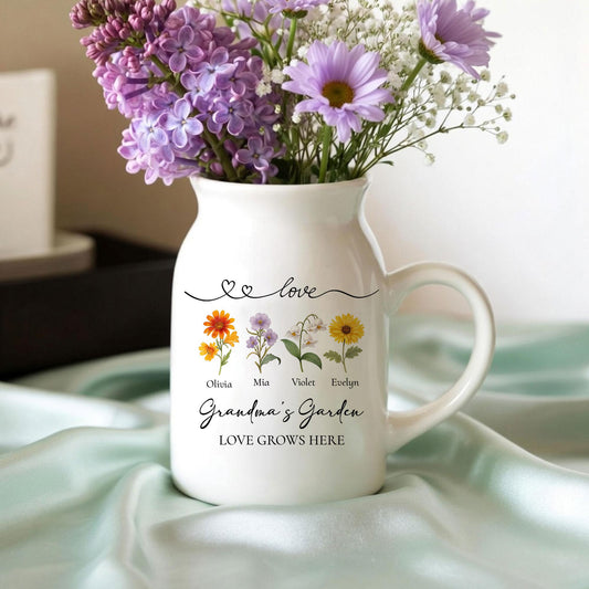 Personalized Grandma's Garden Flower Ceramic Vase, Minimalist Floral Pitcher Vase, Heartfelt Mother's Day