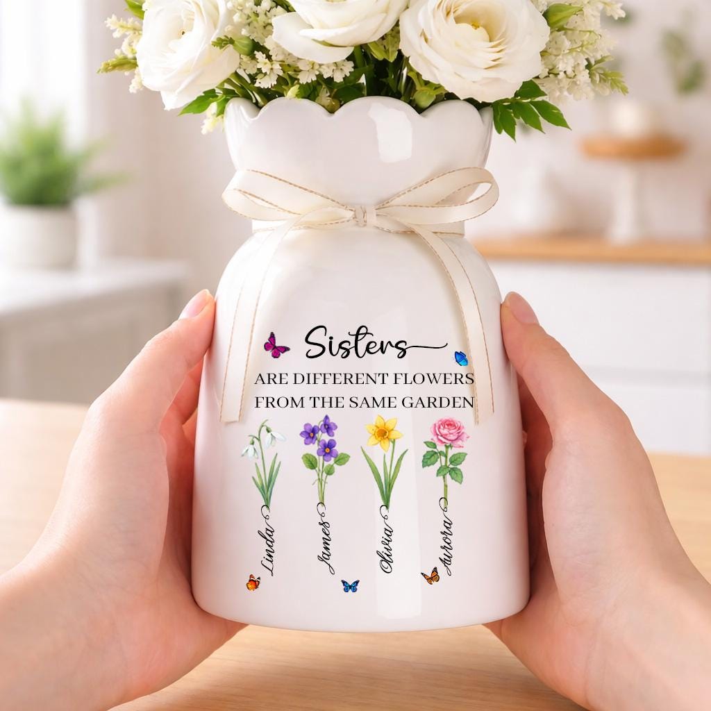 Sisters Birth Flower Vase, Personalized Sister Gift, Custom Family Flower Vase, Ceramic Keepsake Gift for Sisters