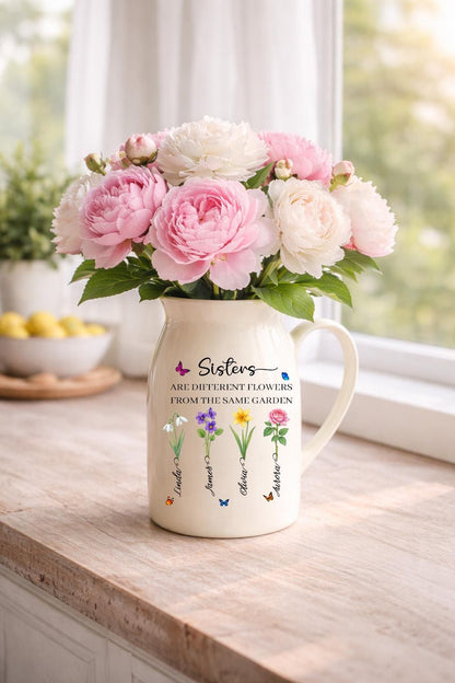 Sisters Birth Flower Vase, Personalized Sister Gift, Custom Family Flower Vase, Ceramic Keepsake Gift for Sisters