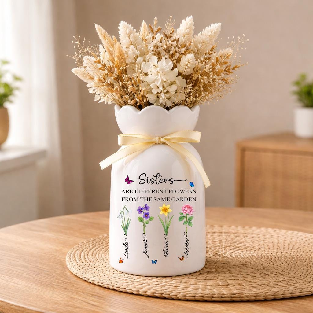 Sisters Birth Flower Vase, Personalized Sister Gift, Custom Family Flower Vase, Ceramic Keepsake Gift for Sisters