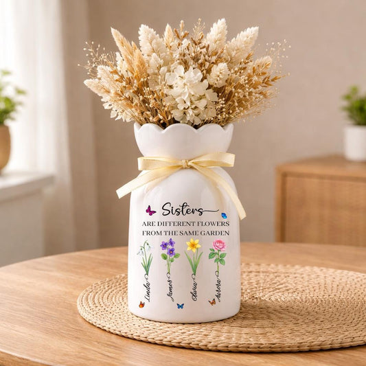 Sisters Birth Flower Vase, Personalized Sister Gift, Custom Family Flower Vase, Ceramic Keepsake Gift for Sisters