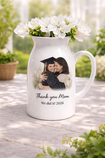 Personalized Mom Photo Flower Vase Set, Custom Ceramic Pitcher, Mother Daughter Gift, Memorial Keepsake, Mother's Day Decor, Graduation Gift
