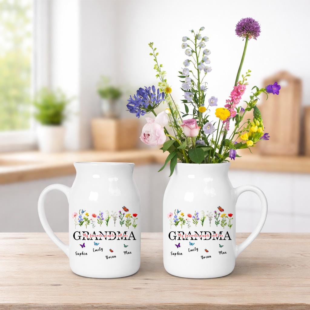 Personalized Grandma Flower Vase, Custom Birth Month Flower Jug, Grandma Gift from Kids, Family Name Vase, Mother’s Day Gift for Grandma