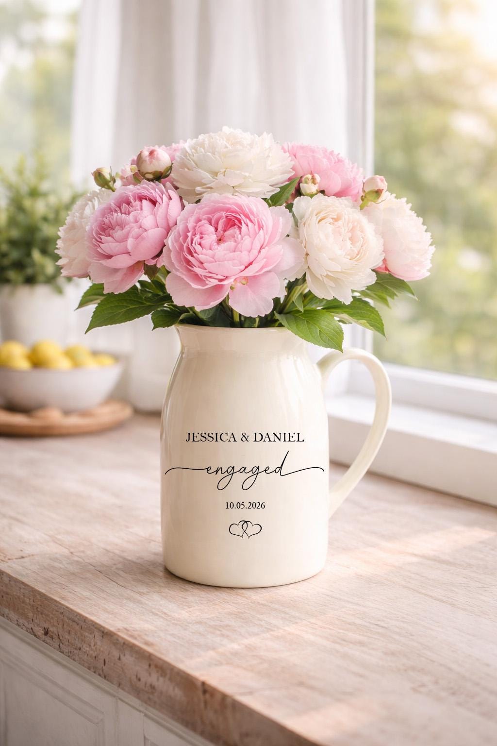 Personalized Engaged Ceramic Pitcher Vase, Custom Couple Names Vase, Engagement Keepsake Gift