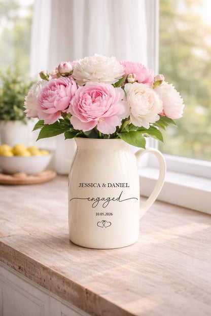 Personalized Engaged Ceramic Pitcher Vase, Custom Couple Names Vase, Engagement Keepsake Gift