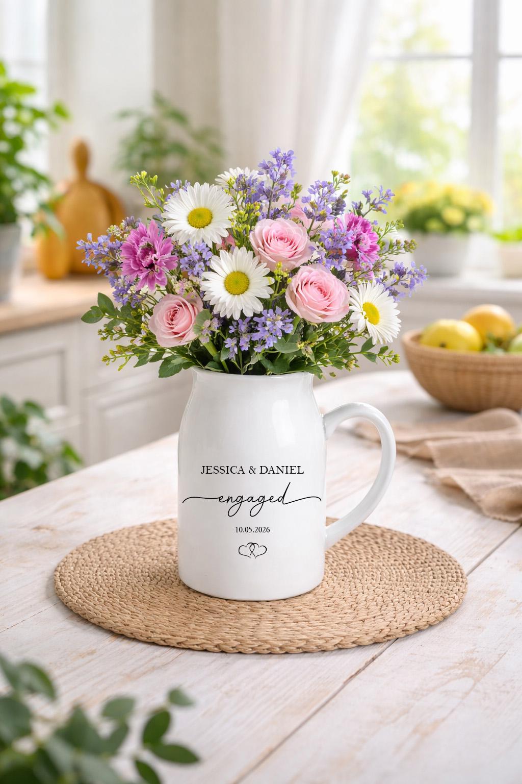 Personalized Engaged Ceramic Pitcher Vase, Custom Couple Names Vase, Engagement Keepsake Gift