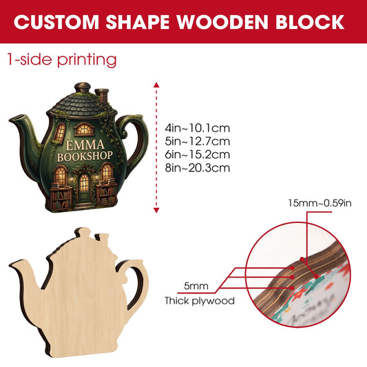 Custom Bookshop Teapot Wooden Block: Custom Bookstore Shelf Sitter with Teapot Accent, Gift for Book Lovers