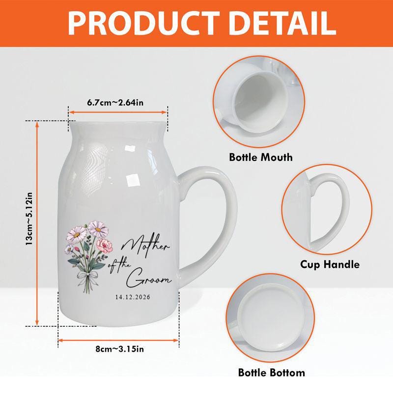 Personalized Mother of the Groom Ceramic Pitcher Vase, Custom Wedding Flower Vase Gift, Keepsake Bouquet Vase with Date