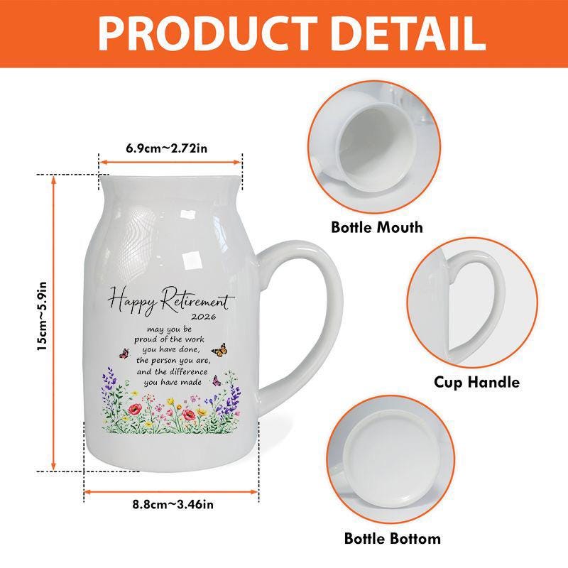 Happy Retirement Ceramic Pitcher Vase – Floral Keepsake Gift 2026