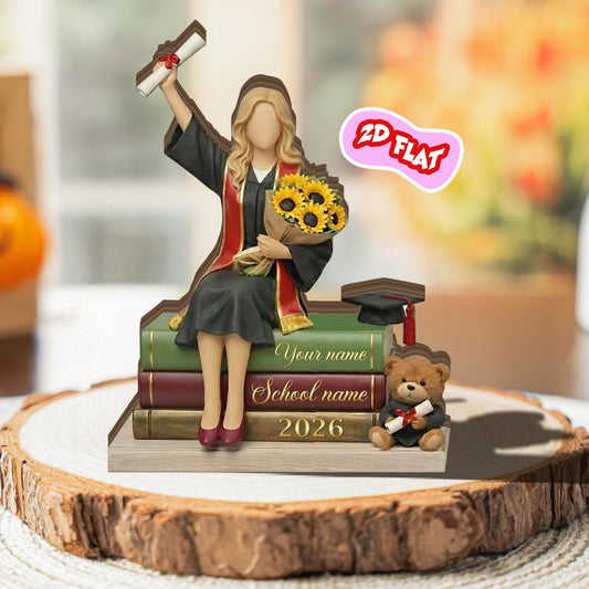 2D Flat Personalized Graduation Wooden Block, Custom Name Grad Gift for Her, Class of 2026 Keepsake, Girl Graduate Decor, Senior Gift