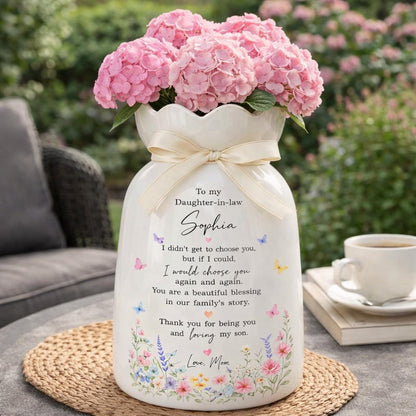 Custom Daughter Wedding Ceramic Vase, Wedding Gift for Daughter In Law, Bridal Shower Gift from Mom, To My Daughter In Law Flower Vase