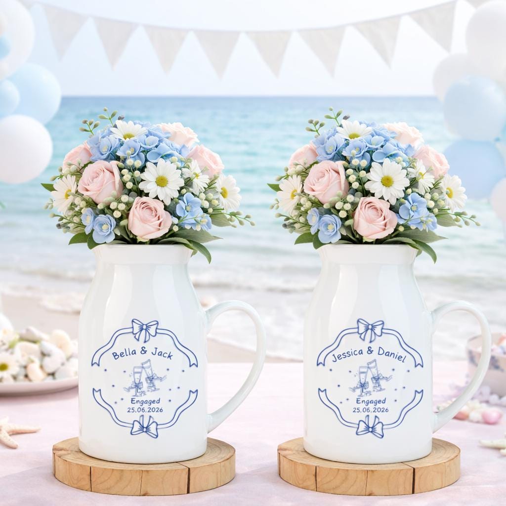 Personalized Engagement Flower Vase Set – Custom Couple Name Ceramic Pitcher Centerpiece