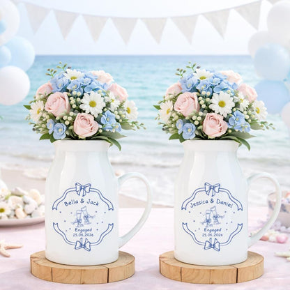 Personalized Engagement Flower Vase Set – Custom Couple Name Ceramic Pitcher Centerpiece
