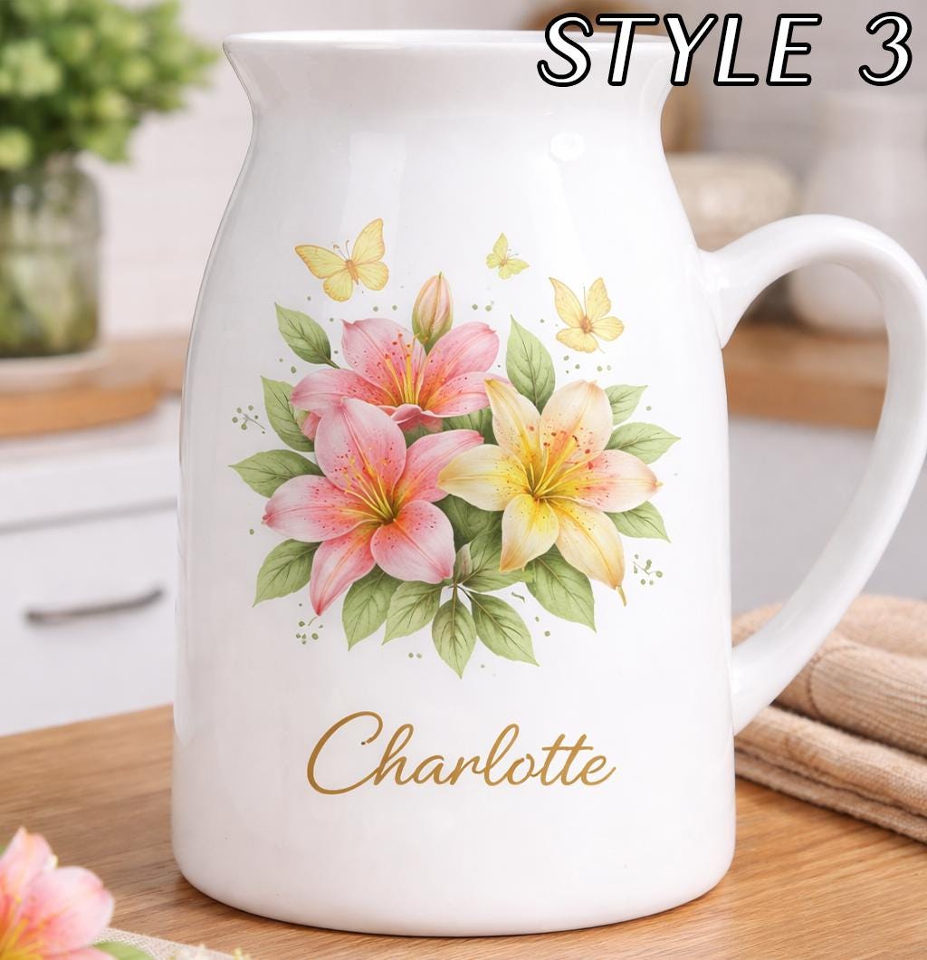 Personalized Name Ceramic Vase – Custom Floral Pitcher Vase Keepsake Gift
