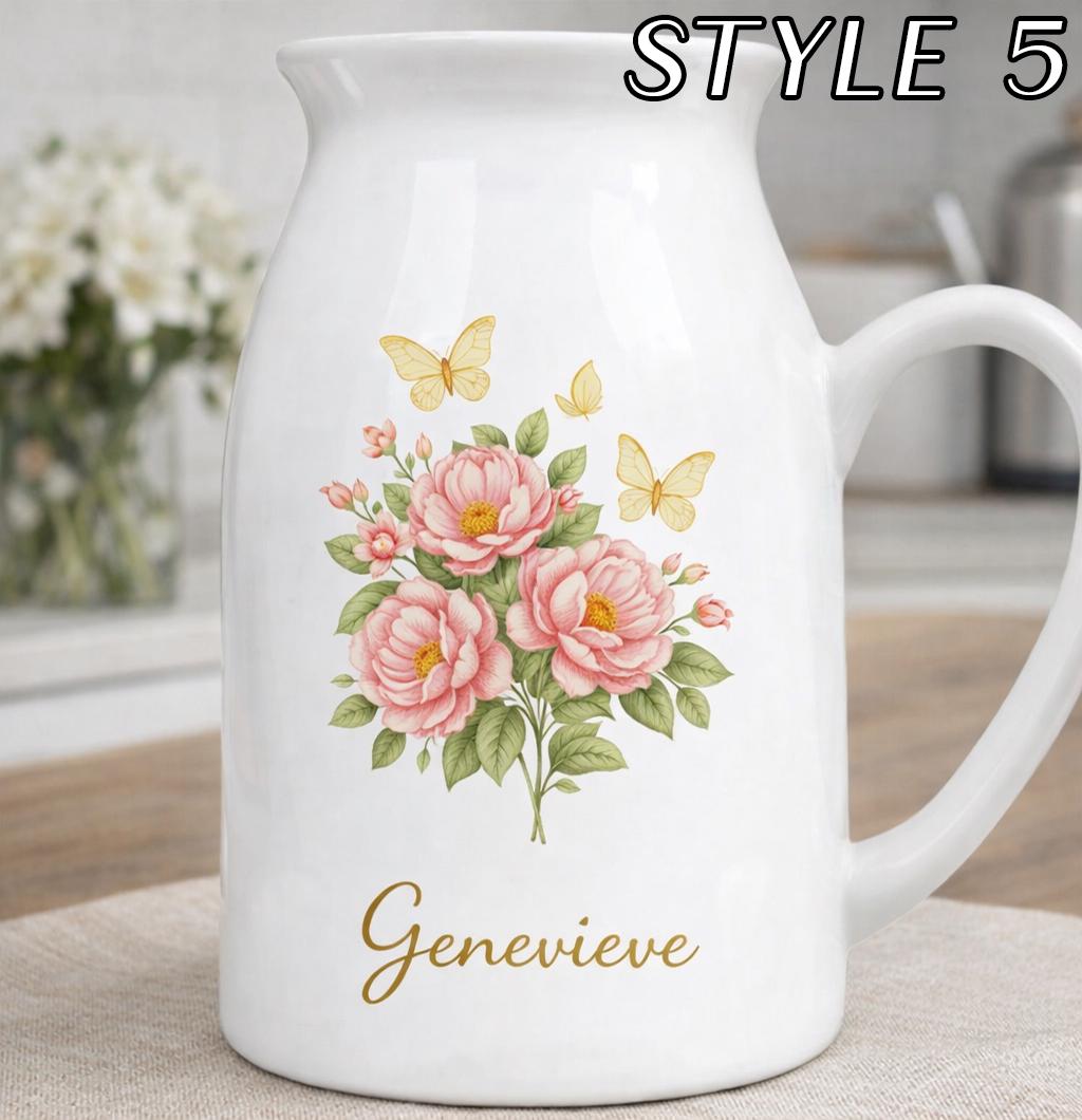 Personalized Name Ceramic Vase – Custom Floral Pitcher Vase Keepsake Gift