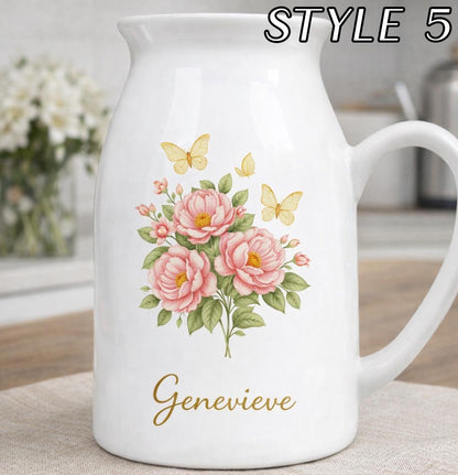 Personalized Name Ceramic Vase – Custom Floral Pitcher Vase Keepsake Gift