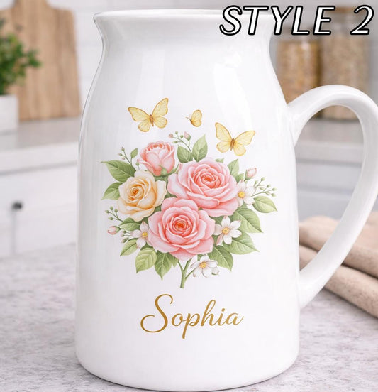 Personalized Name Ceramic Vase – Custom Floral Pitcher Vase Keepsake Gift