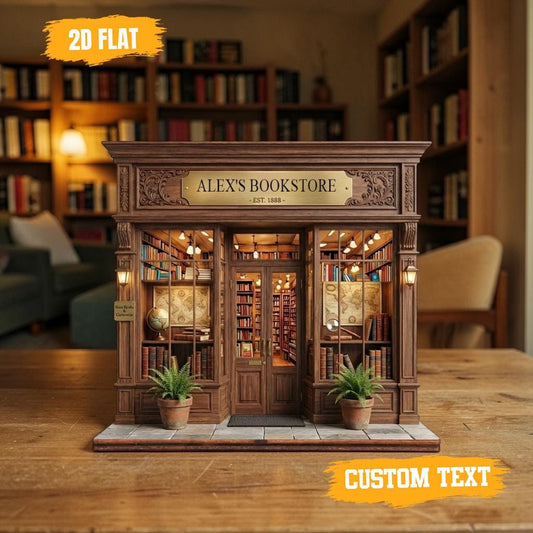 Custom Bookstore 2D Wooden Block, Personalized Library Sign Gift For Book Lovers Bookstore Book Nook Shelf Decor
