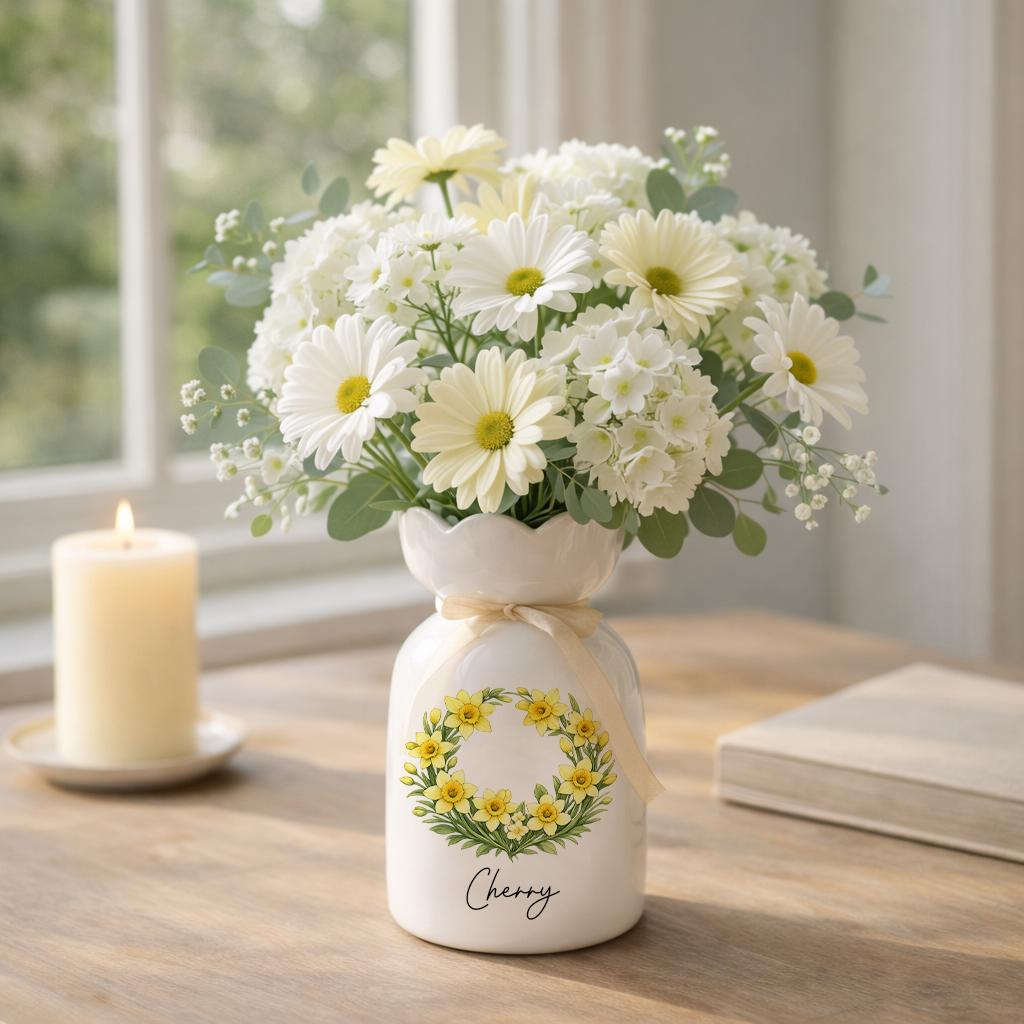 Personalized Birth Flower Vase, Custom Name Ceramic Vase, Birth Month Flower Bouquet, Floral Gift for Her, Garden Decor Vase