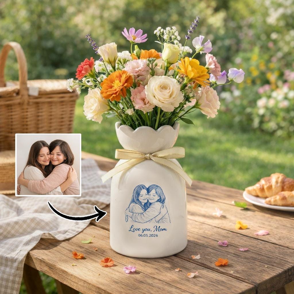Custom Photo Vase, Personalized Mom Gift, Line Art Portrait Vase, Floral Ceramic Vase, Gift for Mom from Daughter