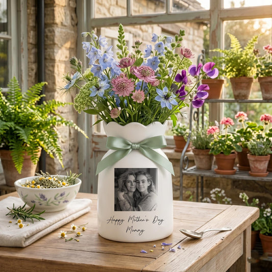 Personalized Photo Vase, Mothers Day Gift for Mom, Custom Picture Vase, Floral Ceramic Vase, Gift from Daughter