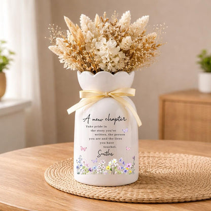 New Chapter Flower Vase, Personalized Retirement Gift, Custom Message Ceramic Vase, Retirement Keepsake Gift