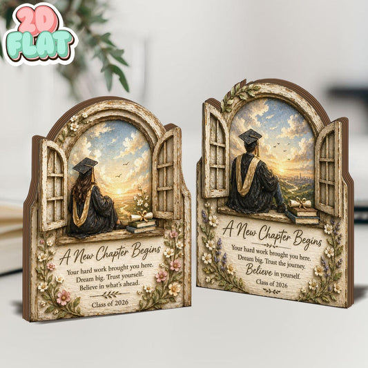Graduation 2D FLAT Wooden Block Decor, Rustic Grad Gift, Class of 2026 Keepsake, Inspirational Quote Plaque, New Chapter Gift