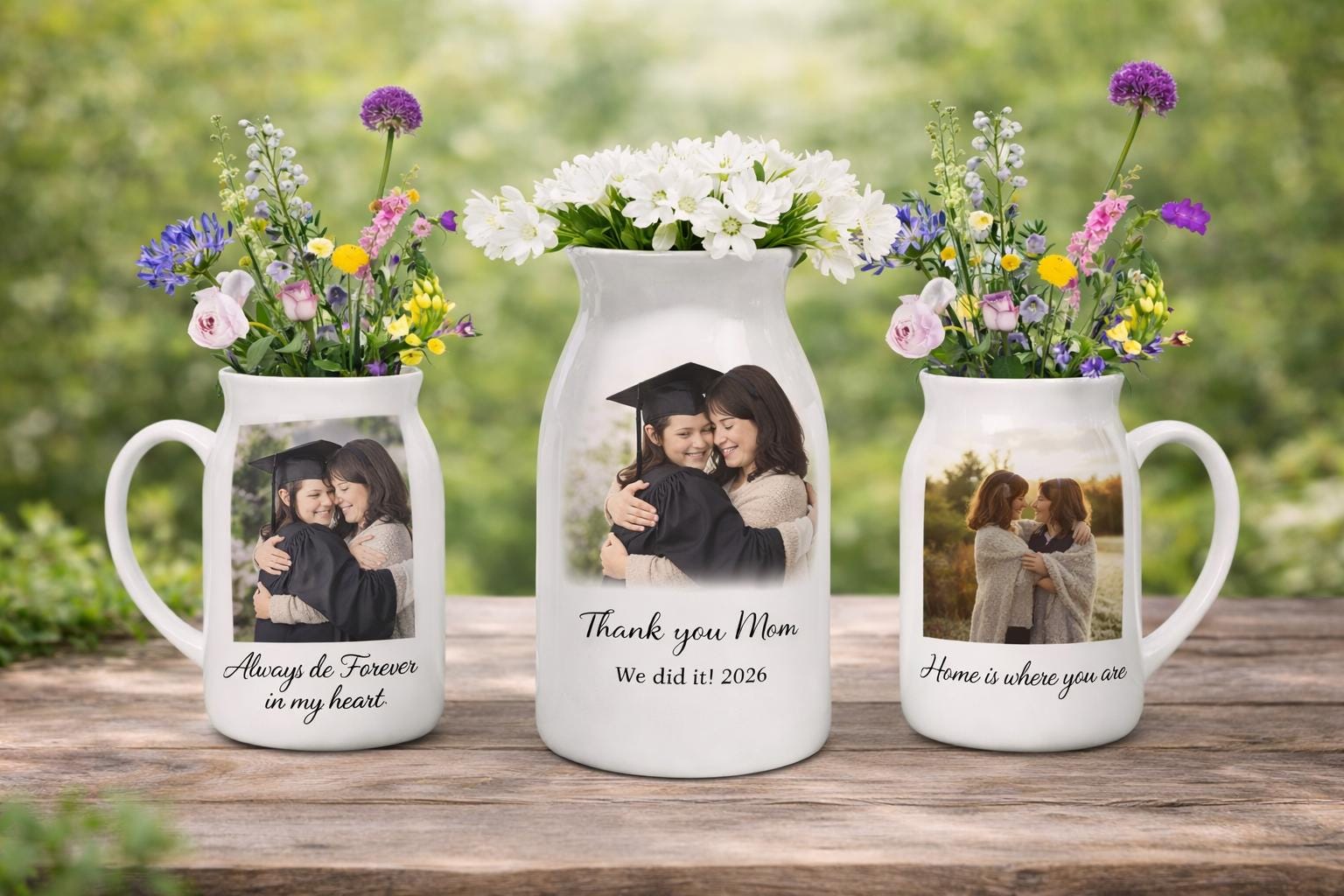 Personalized Mom Photo Flower Vase Set, Custom Ceramic Pitcher, Mother Daughter Gift, Memorial Keepsake, Mother's Day Decor, Graduation Gift