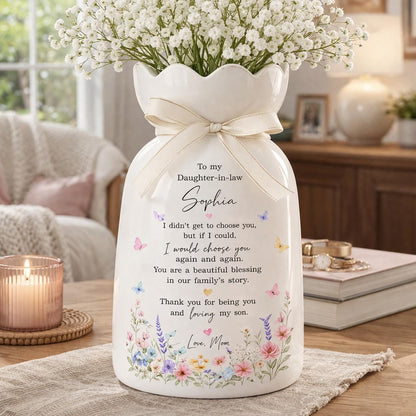 Custom Daughter Wedding Ceramic Vase, Wedding Gift for Daughter In Law, Bridal Shower Gift from Mom, To My Daughter In Law Flower Vase
