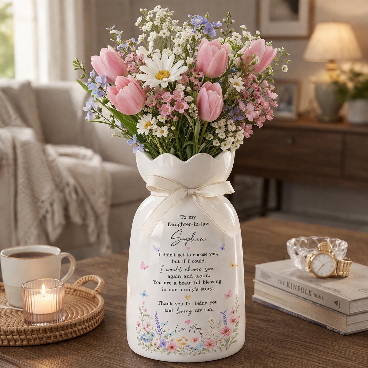 Custom Daughter Wedding Ceramic Vase, Wedding Gift for Daughter In Law, Bridal Shower Gift from Mom, To My Daughter In Law Flower Vase