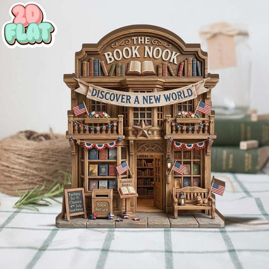 Book Nook 2D FLAT Wooden Block Decor, Library Store Mini Sign, Patriotic Americana Display, Custom Name Bookshelf Gift, Reader Desk Decor