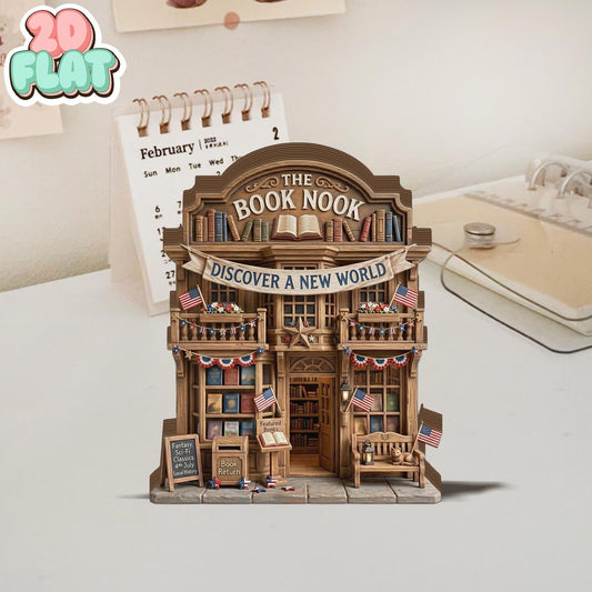 Book Nook 2D FLAT Wooden Block Decor, Library Store Mini Sign, Patriotic Americana Display, Custom Name Bookshelf Gift, Reader Desk Decor