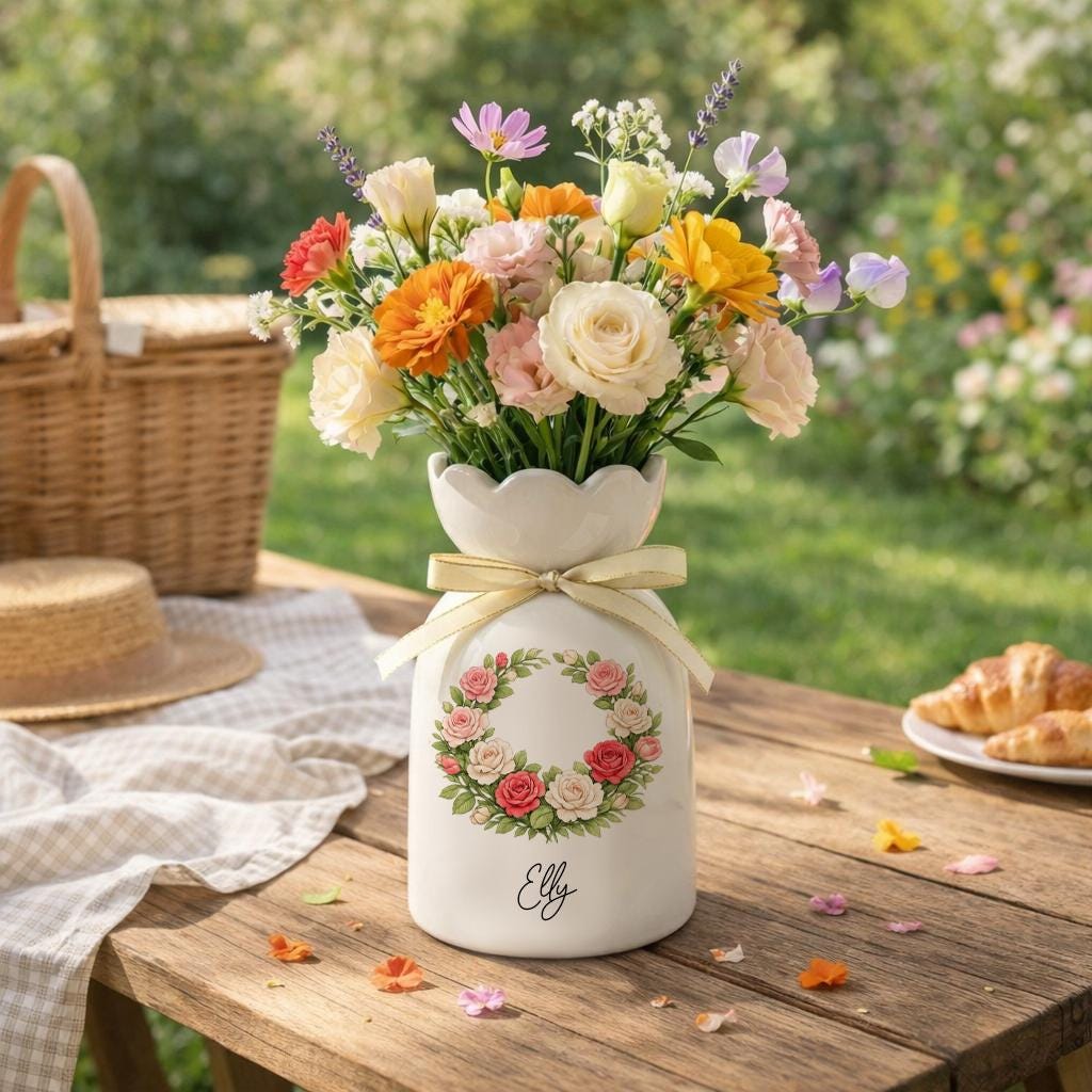 Personalized Birth Flower Vase, Custom Name Ceramic Vase, Birth Month Flower Bouquet, Floral Gift for Her, Garden Decor Vase