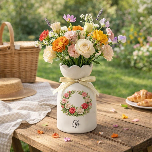 Personalized Birth Flower Vase, Custom Name Ceramic Vase, Birth Month Flower Bouquet, Floral Gift for Her, Garden Decor Vase