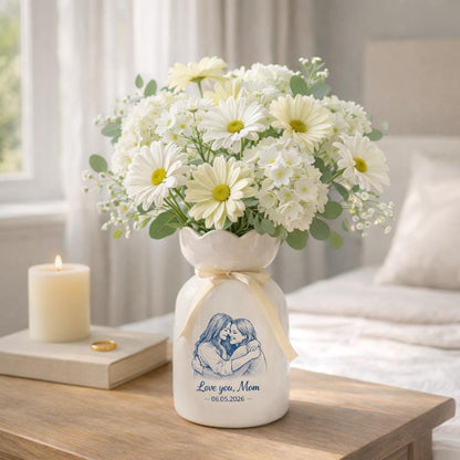 Custom Photo Vase, Personalized Mom Gift, Line Art Portrait Vase, Floral Ceramic Vase, Gift for Mom from Daughter