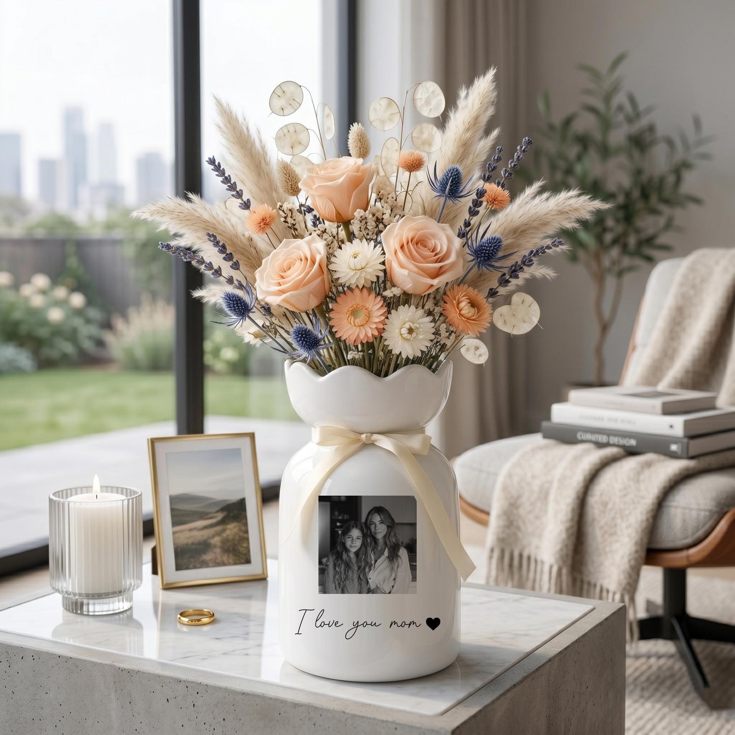 Personalized Photo Vase, Mothers Day Gift for Mom, Custom Picture Vase, Floral Ceramic Vase, Gift from Daughter