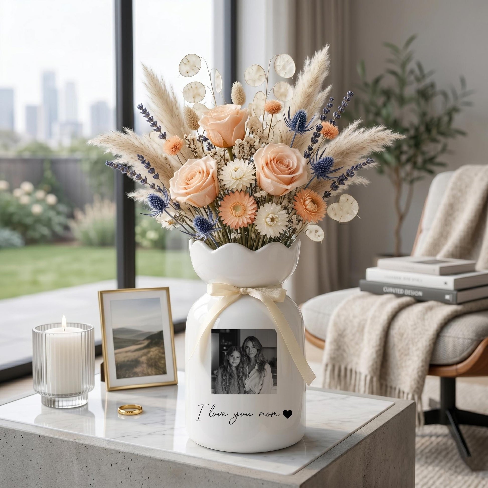 Personalized Photo Vase, Mothers Day Gift for Mom, Custom Picture Vase, Floral Ceramic Vase, Gift from Daughter