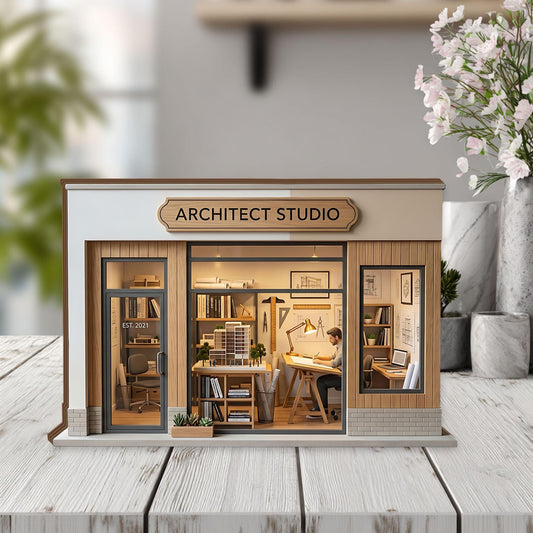Architect Studio Wooden Block Decor, Architecture Office Miniature, Creative Workspace Diorama, Designer Desk Display, Architect Gift
